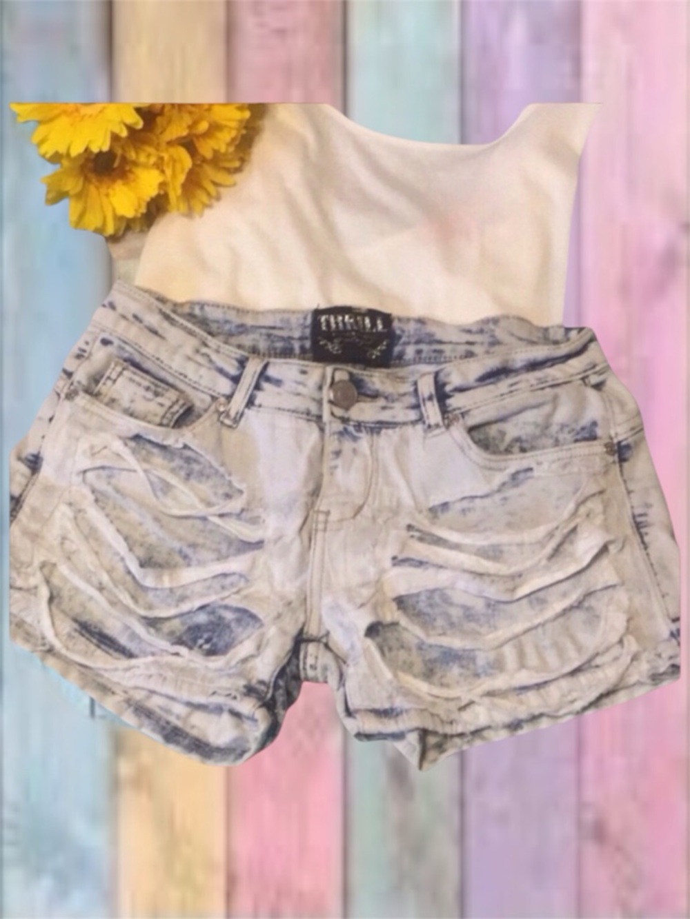 Thrill Blue White Destroyed Bleached Out Distressed Jean Shorts